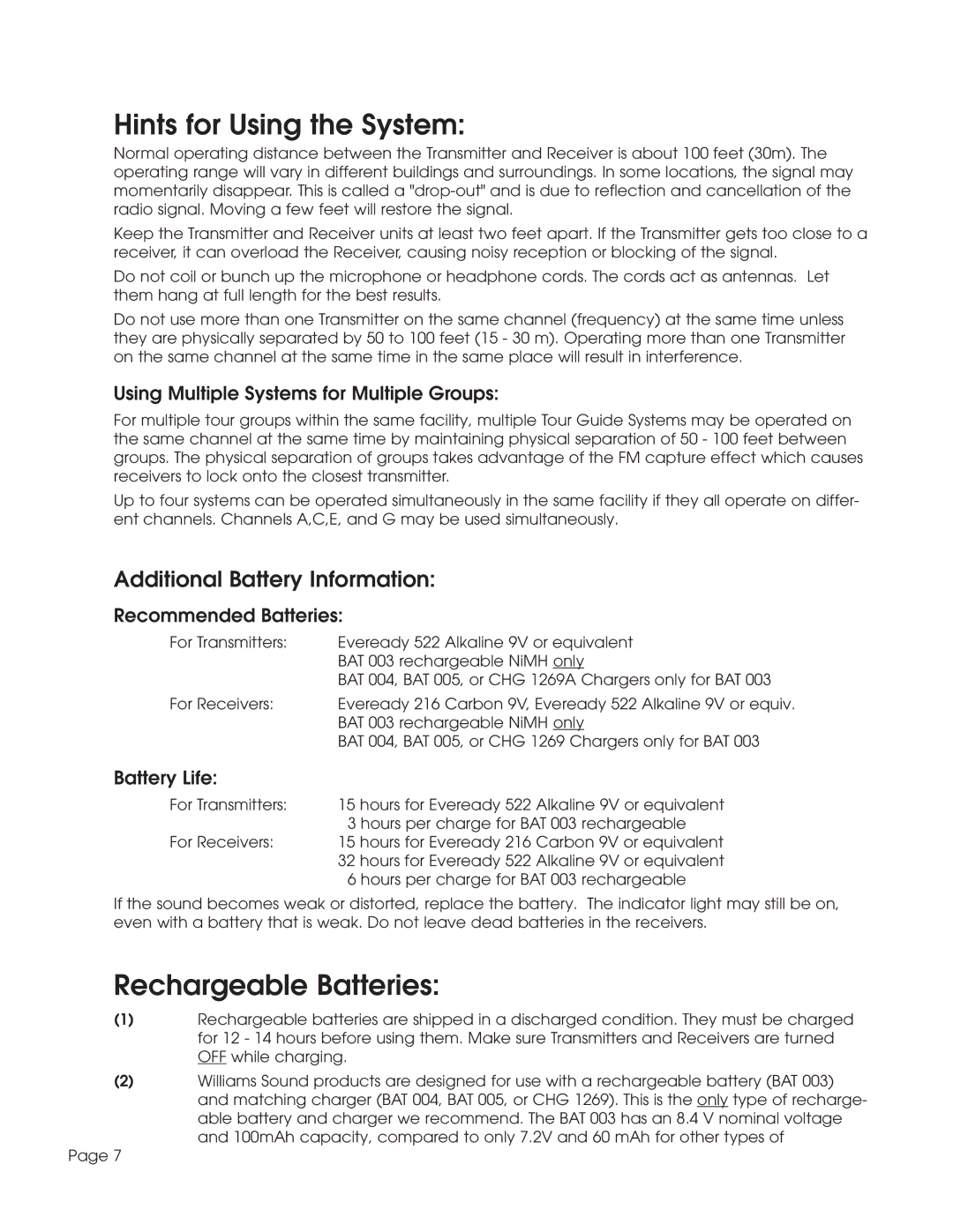 Williams Sound TGS SYS A Hints for Using the System, Rechargeable Batteries, Using Multiple Systems for Multiple Groups 