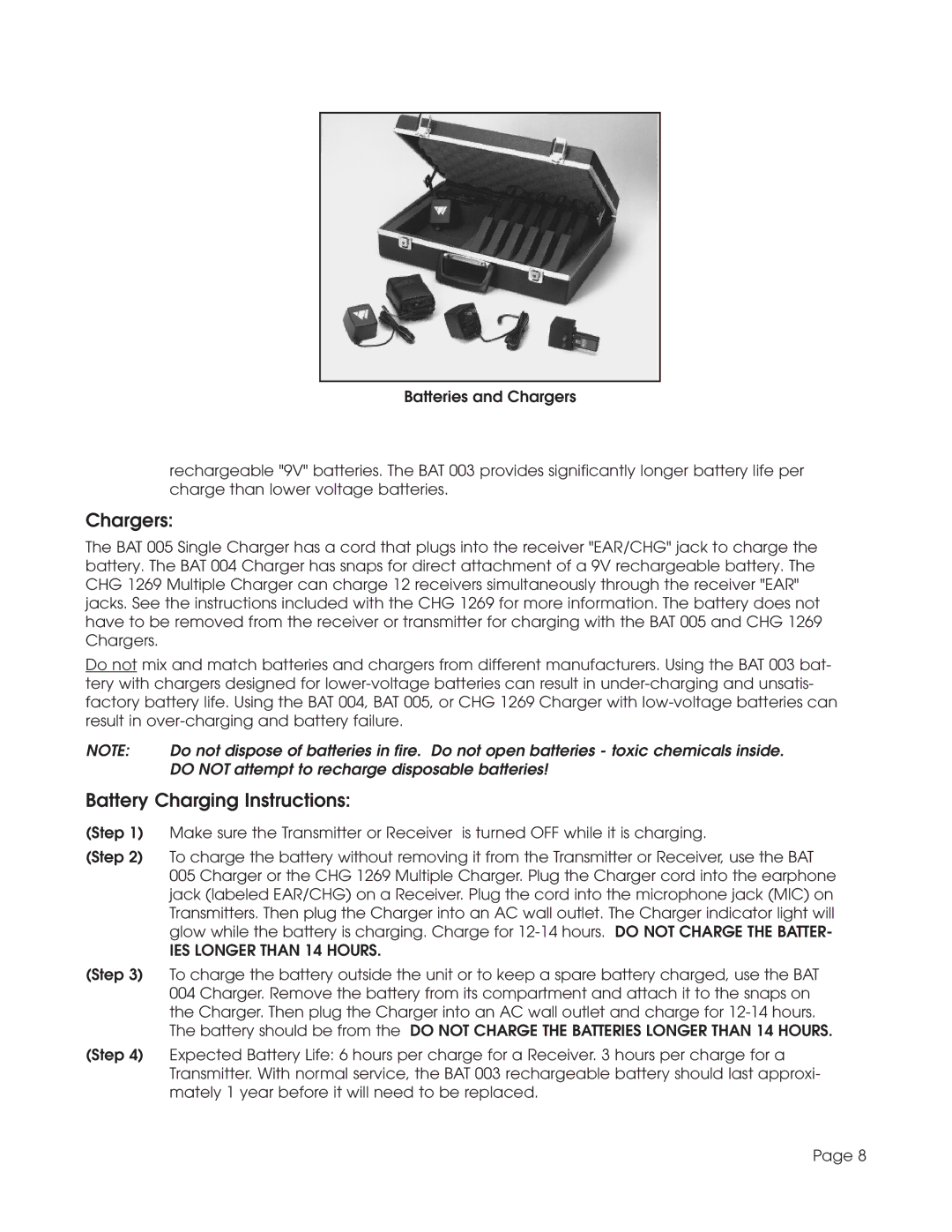 Williams Sound TGS SYS A manual Chargers, Battery Charging Instructions 