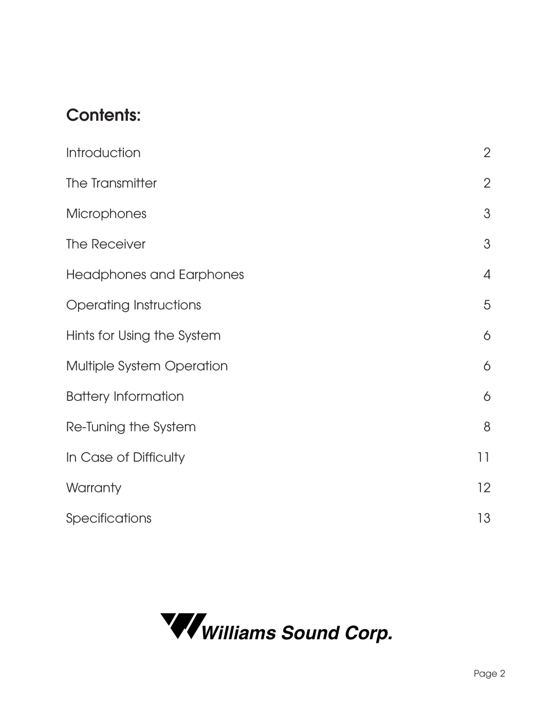 Williams Sound TGS SYS A manual Contents, Williams Sound Corp 