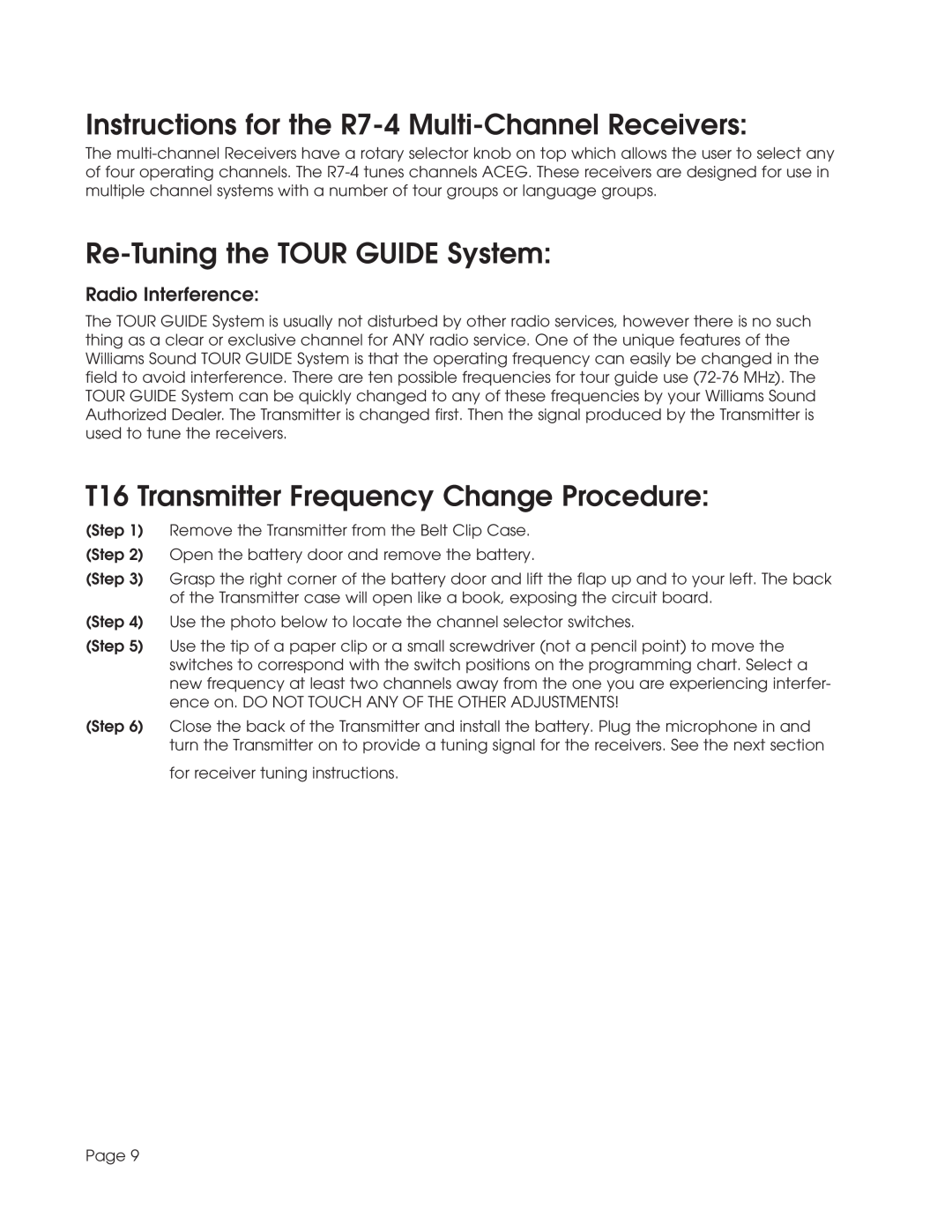 Williams Sound TGS SYS A manual Instructions for the R7-4 Multi-ChannelReceivers, Re-Tuningthe TOUR GUIDE System 