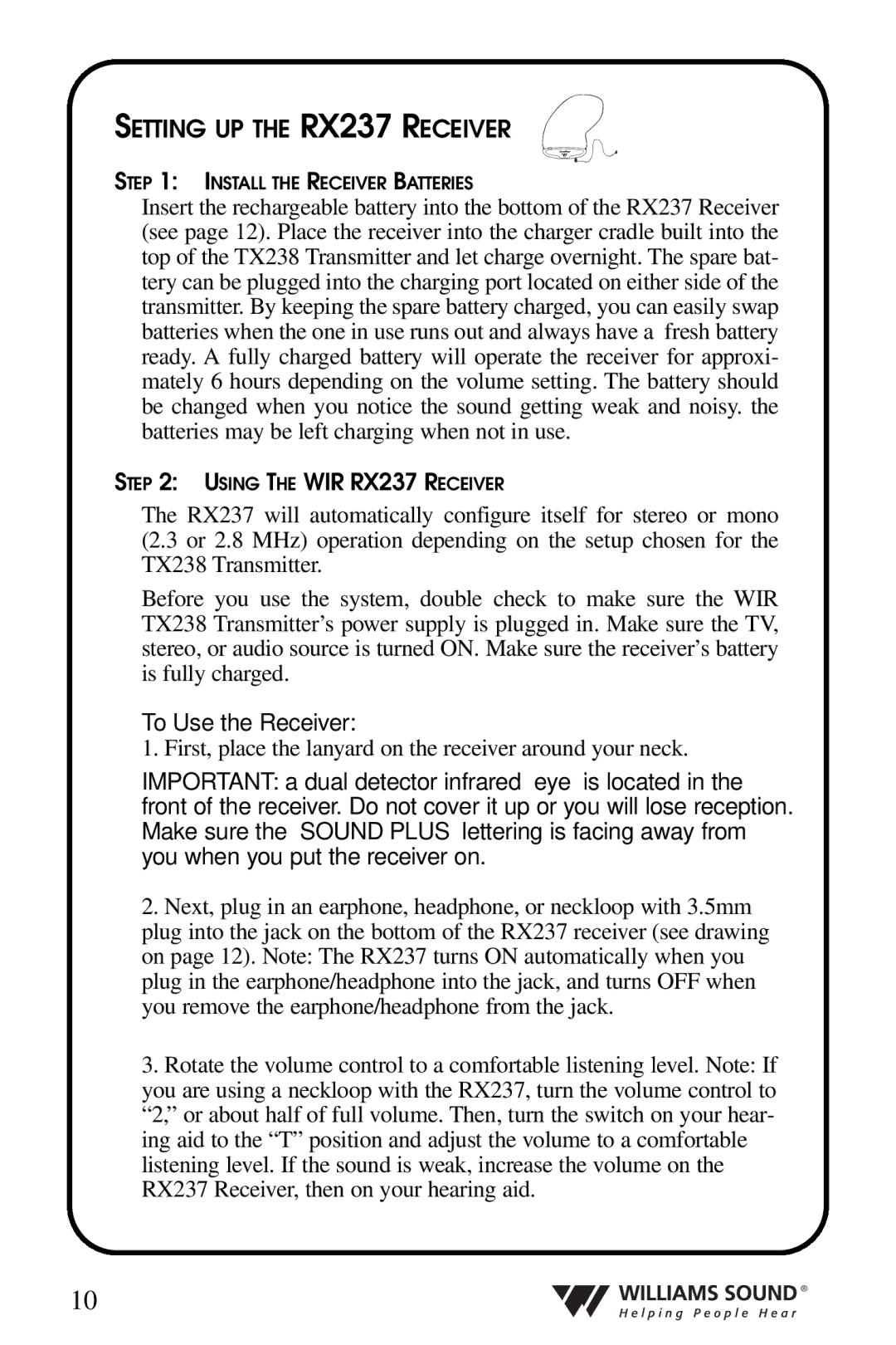Williams Sound WIR 238, WIR 239 manual Setting UP the RX237 Receiver 