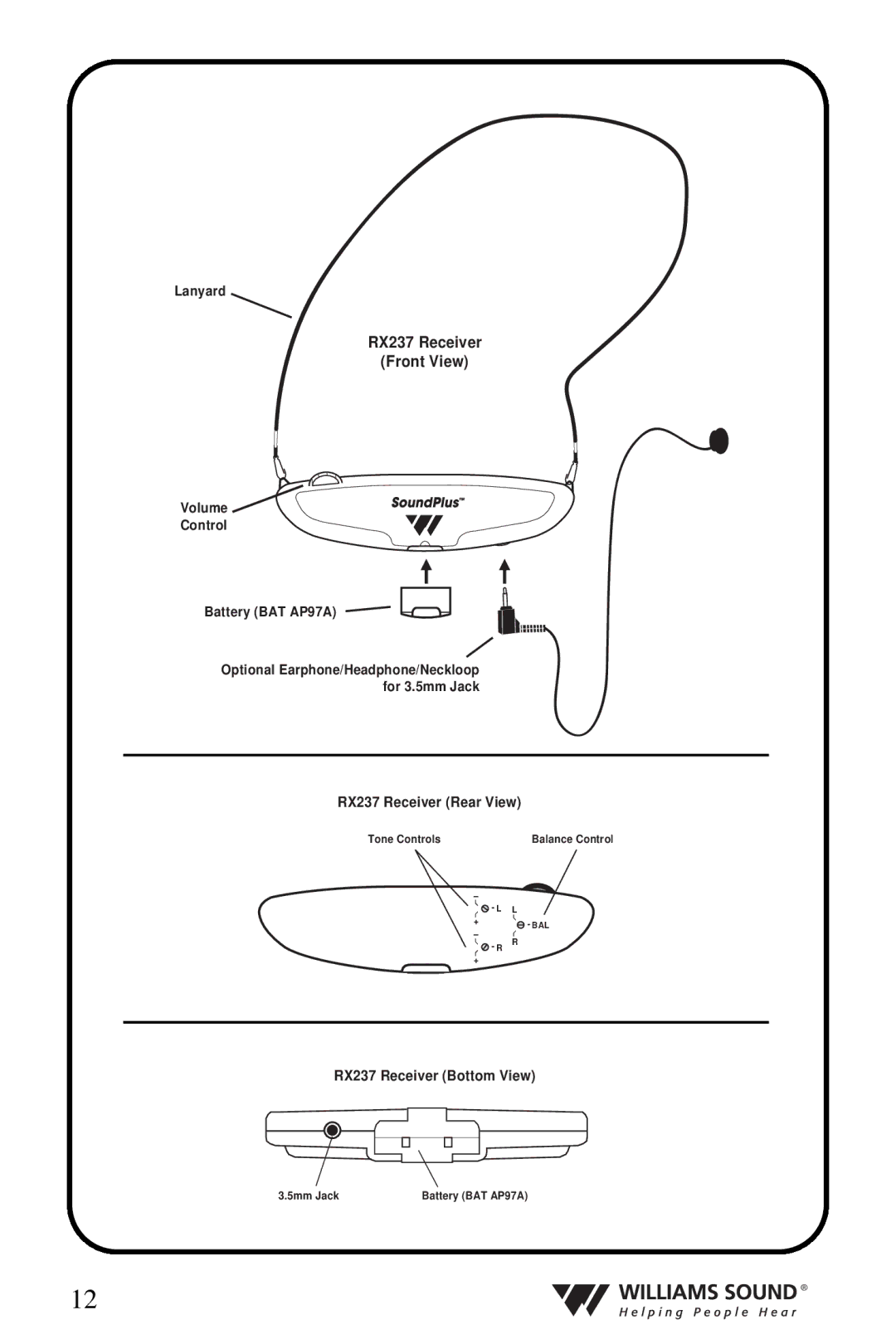 Williams Sound WIR 238, WIR 239 manual RX237 Receiver Front View 