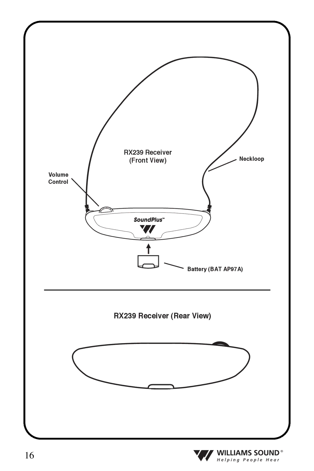 Williams Sound WIR 238, WIR 239 manual RX239 Receiver Rear View 