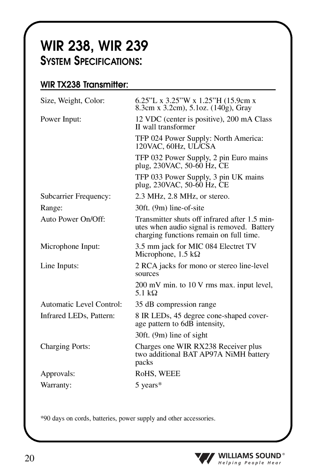 Williams Sound WIR 239 manual WIR 238, WIR 