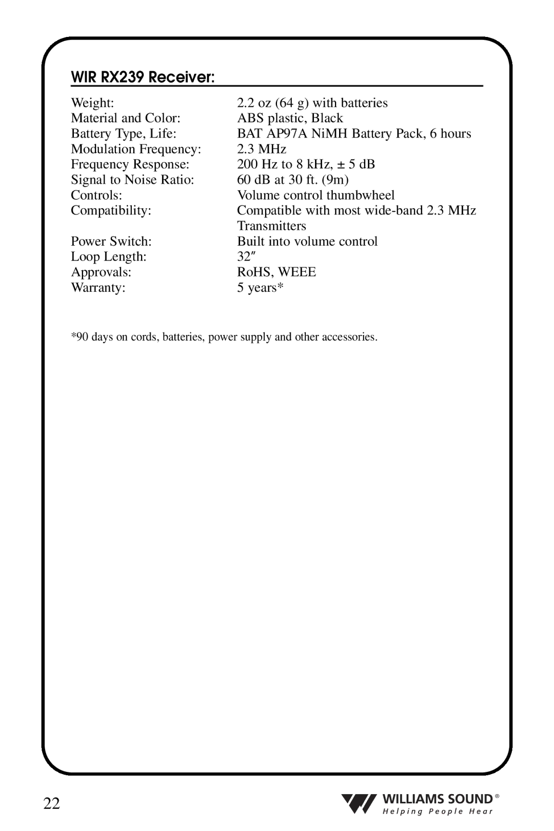 Williams Sound WIR 238, WIR 239 manual WIR RX239 Receiver 