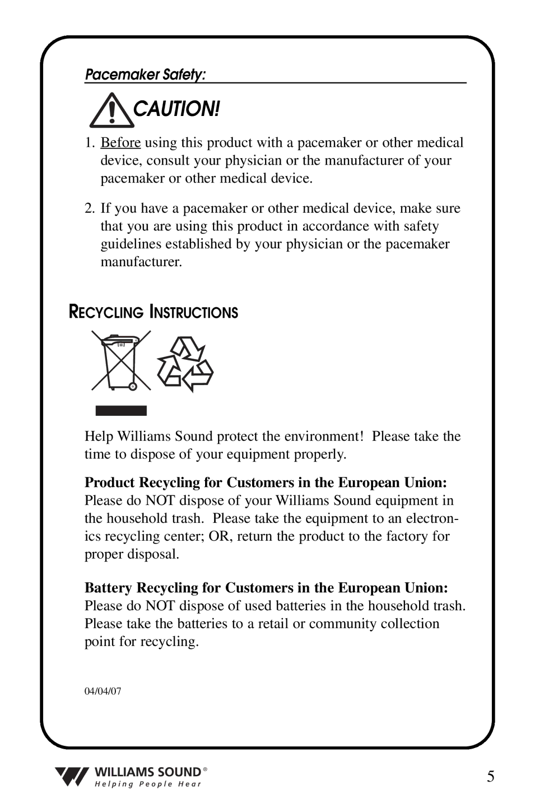 Williams Sound WIR 239, WIR 238 manual Pacemaker Safety, Recycling Instructions 