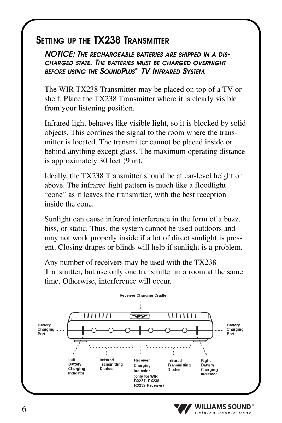 Williams Sound WIR 238, WIR 239 manual Setting UP the TX238 Transmitter 