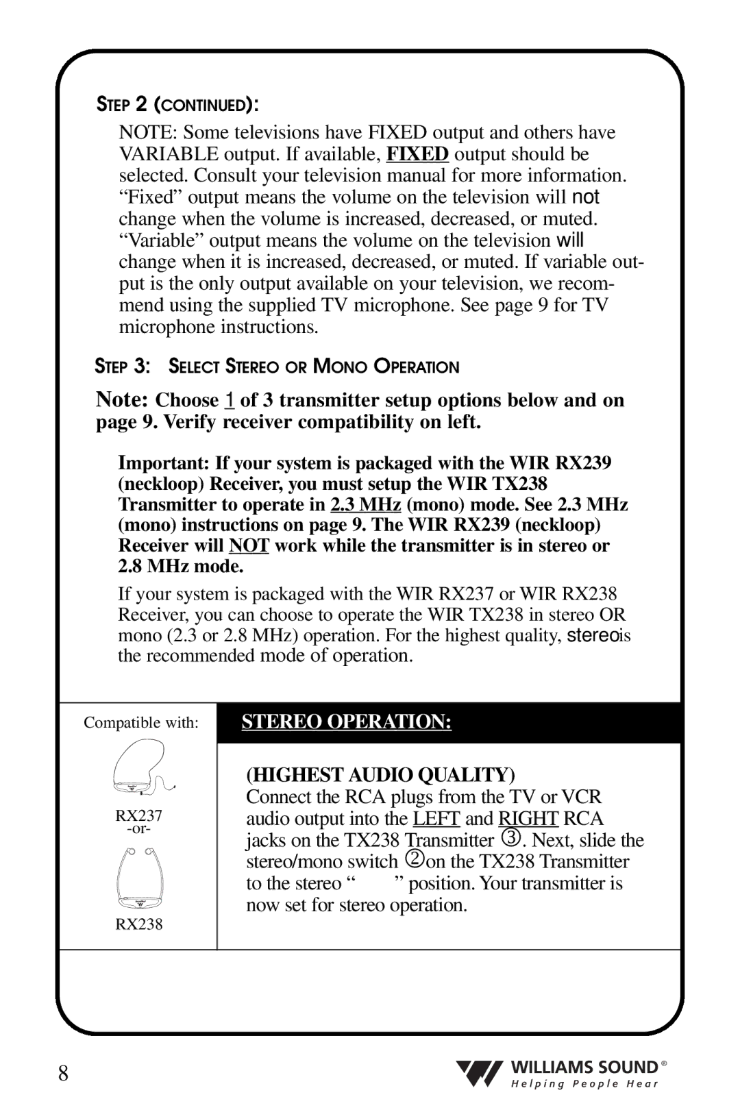 Williams Sound WIR 238, WIR 239 manual Stereo Operation 