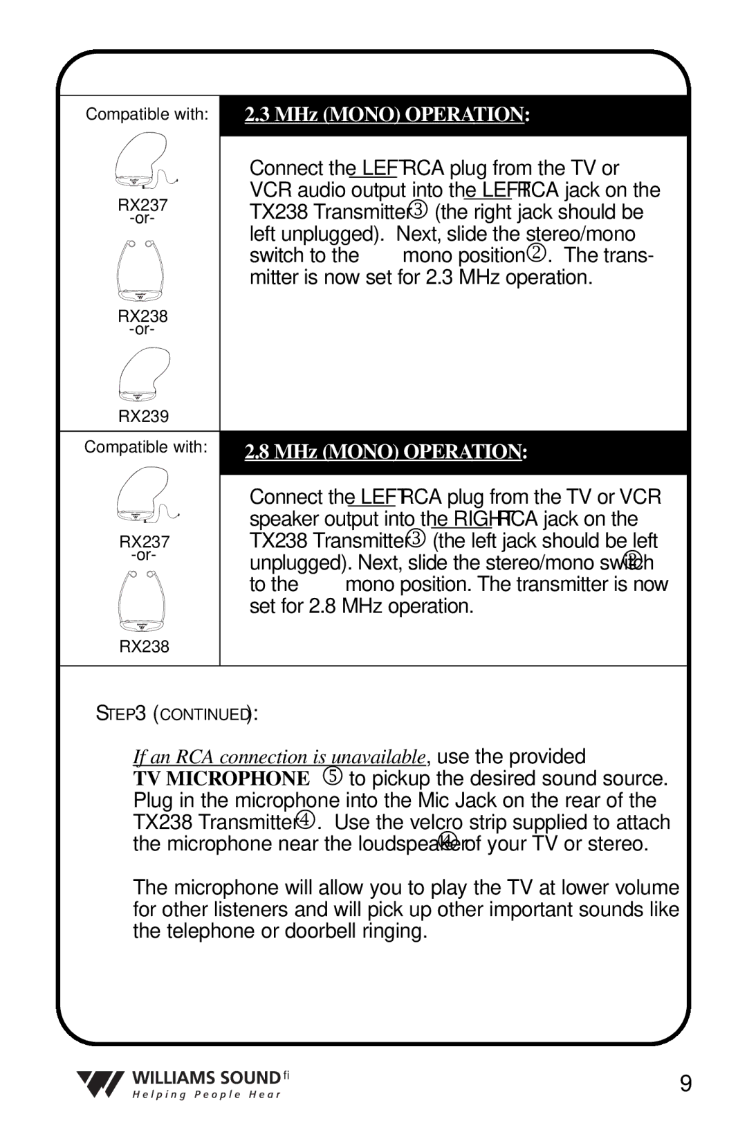 Williams Sound WIR 239, WIR 238 manual MHz Mono Operation 
