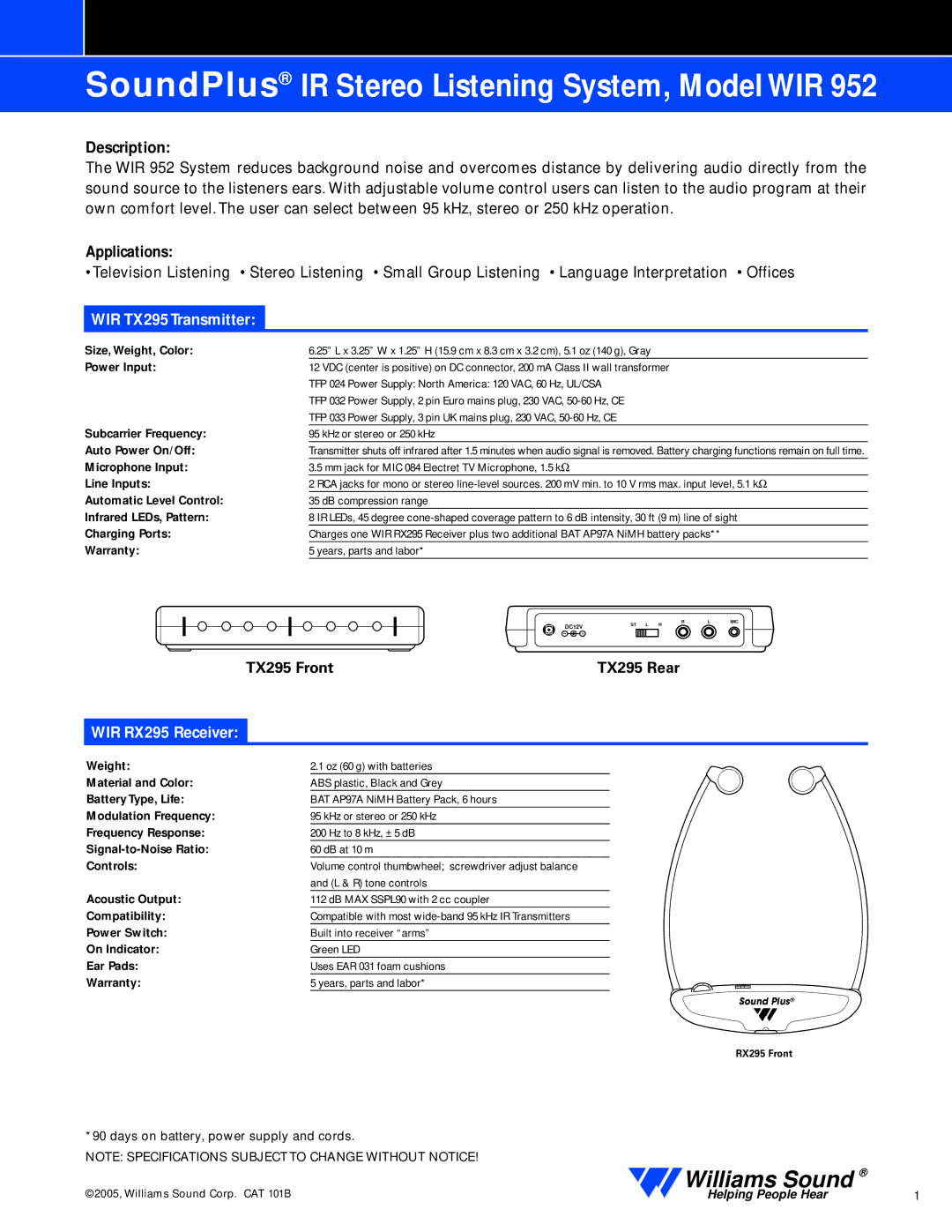 Williams Sound WIR 952 specifications Description, Applications, WIR TX295 Transmitter, TX295 Front TX295 Rear 