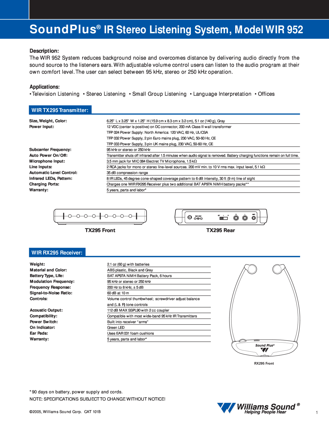 Williams Sound WIR 952 specifications SoundPlus IR Stereo Listening System, Model WIR, Williams Sound, Description 