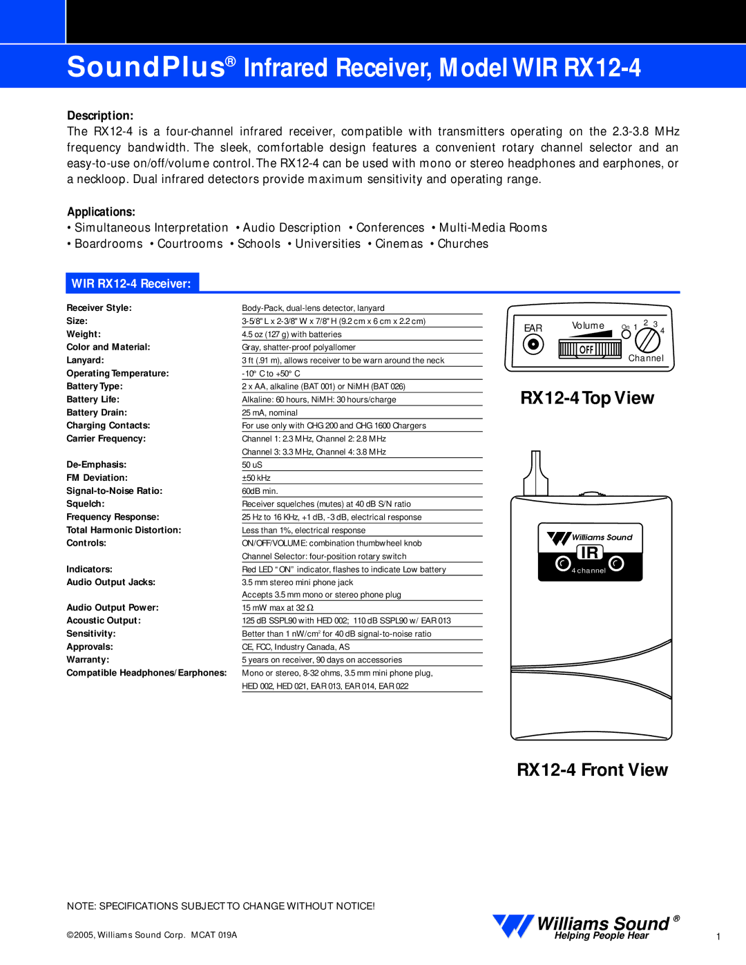 Williams Sound specifications SoundPlus Infrared Receiver, Model WIR RX12-4, Description 