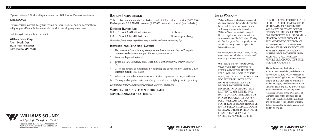 Williams Sound WIR RX14-2 manual Battery Instructions, Limited Warranty 