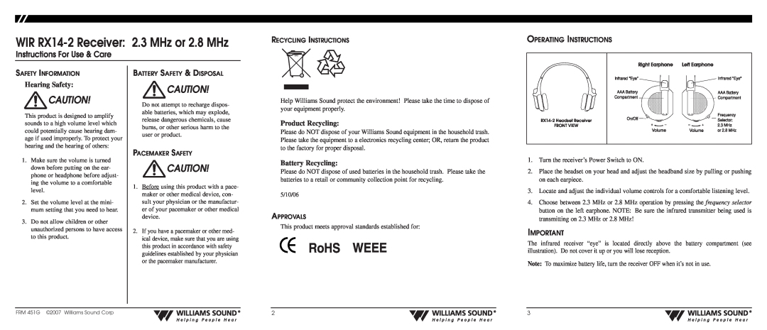 Williams Sound manual Operating Instructions, RoHS WEEE, WIR RX14-2Receiver 2.3 MHz or 2.8 MHz, Hearing Safety 