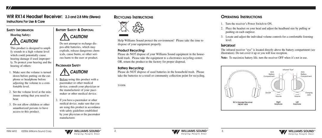 Williams Sound WIR RX14 manual Recycling Instructions Operating Instructions, Product Recycling, Battery Recycling 