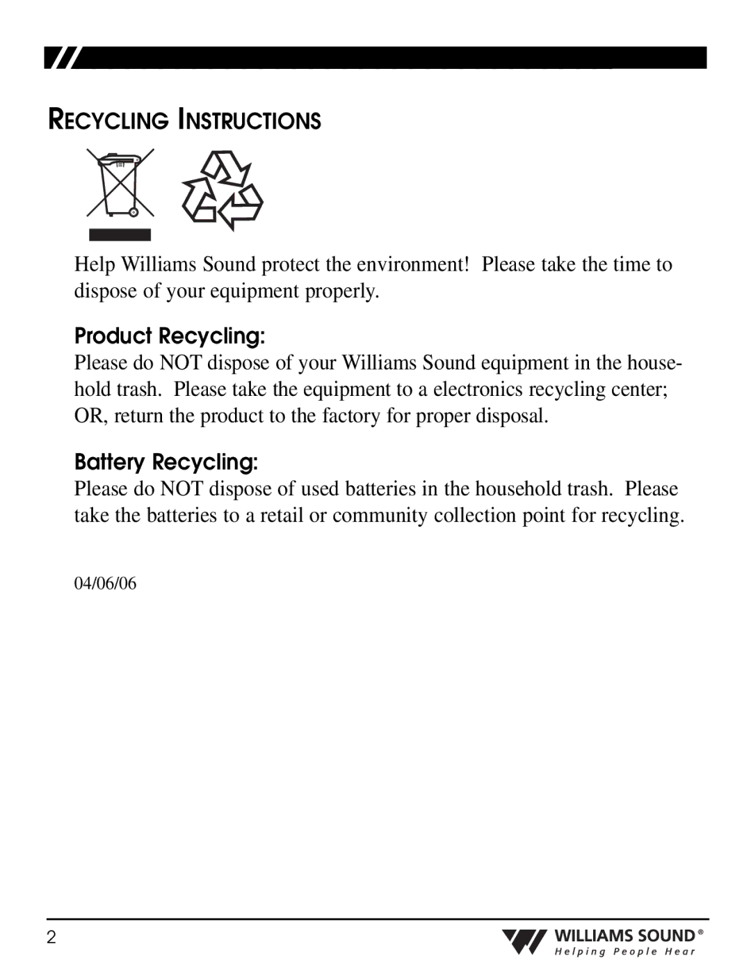 Williams Sound WIR RX16 manual Recycling Instructions, Product Recycling 