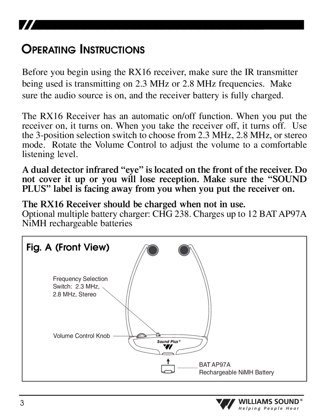 Williams Sound WIR RX16 manual Operating Instructions, Fig. a Front View 