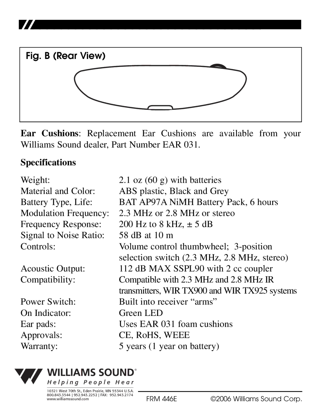 Williams Sound WIR RX16 manual Fig. B Rear View, Specifications 