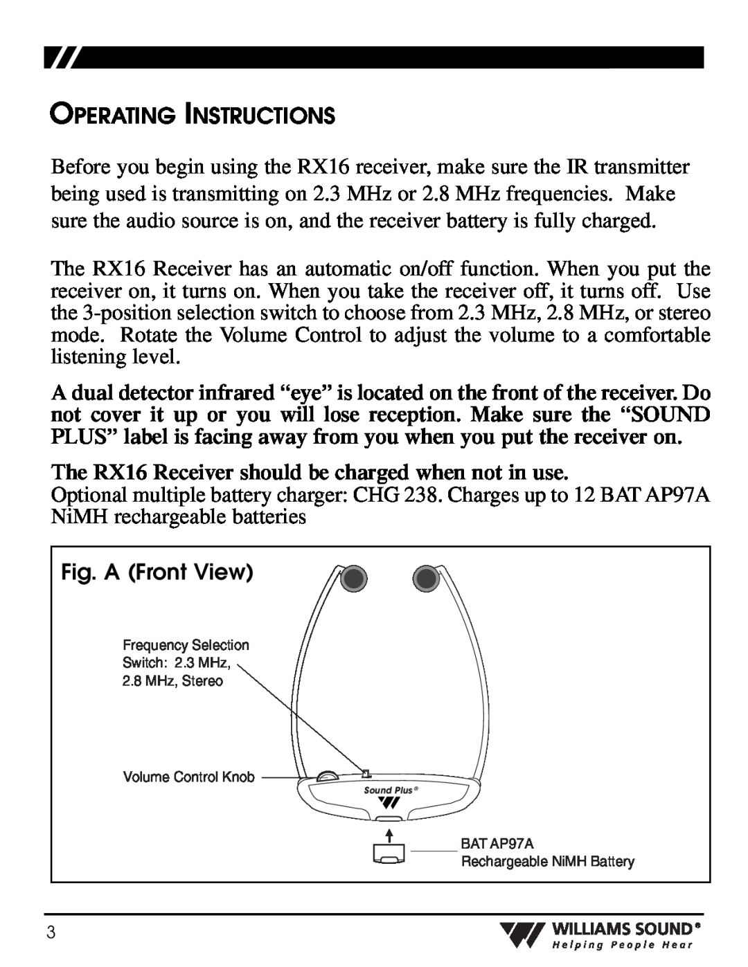 Williams Sound WIR RX16 manual Operating Instructions, Fig. A Front View, Frequency Selection Switch 2.3 MHz 