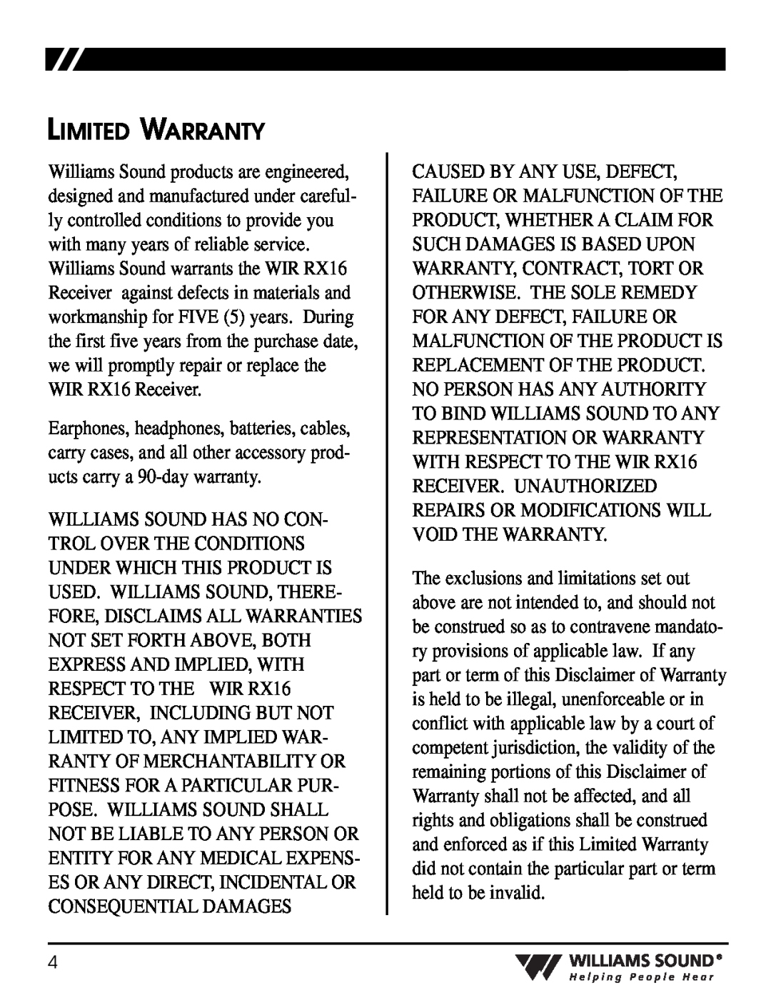 Williams Sound WIR RX16 manual Limited Warranty 