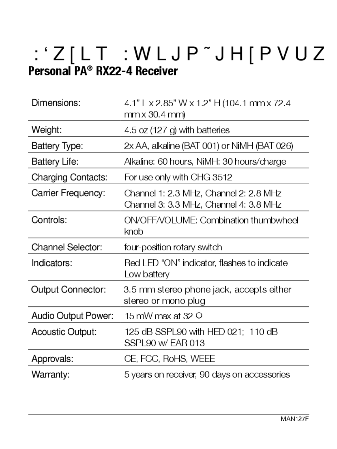 Williams Sound WIR RX22-4 manual System Specifications, Personal PA RX22-4 Receiver 