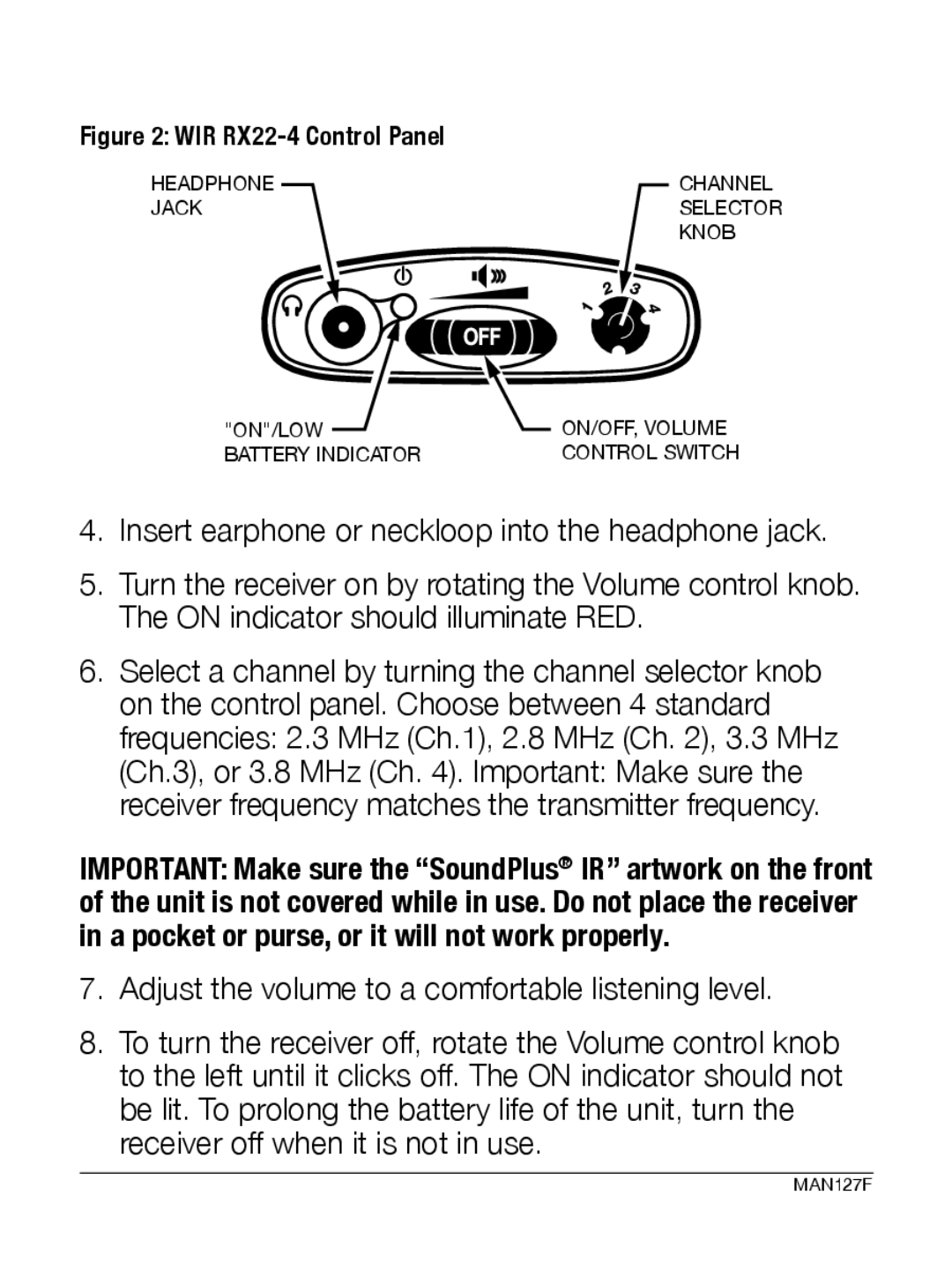 Williams Sound manual WIR RX22-4 Control Panel 