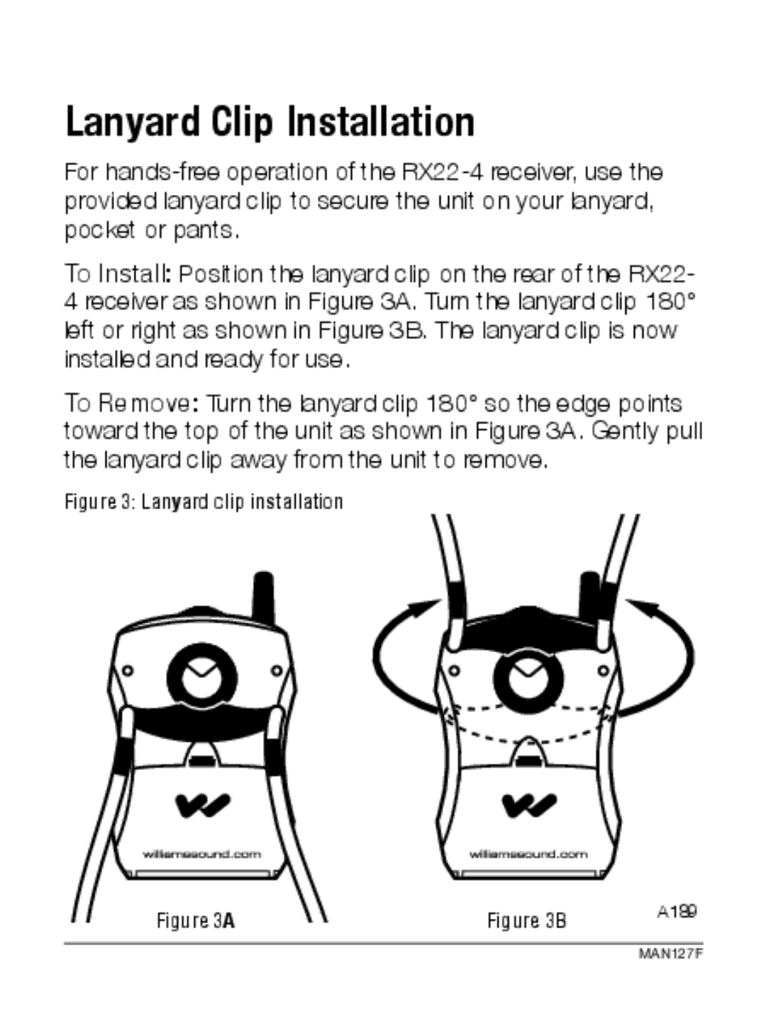 Williams Sound WIR RX22-4 manual Lanyard Clip Installation, Lanyard clip installation 