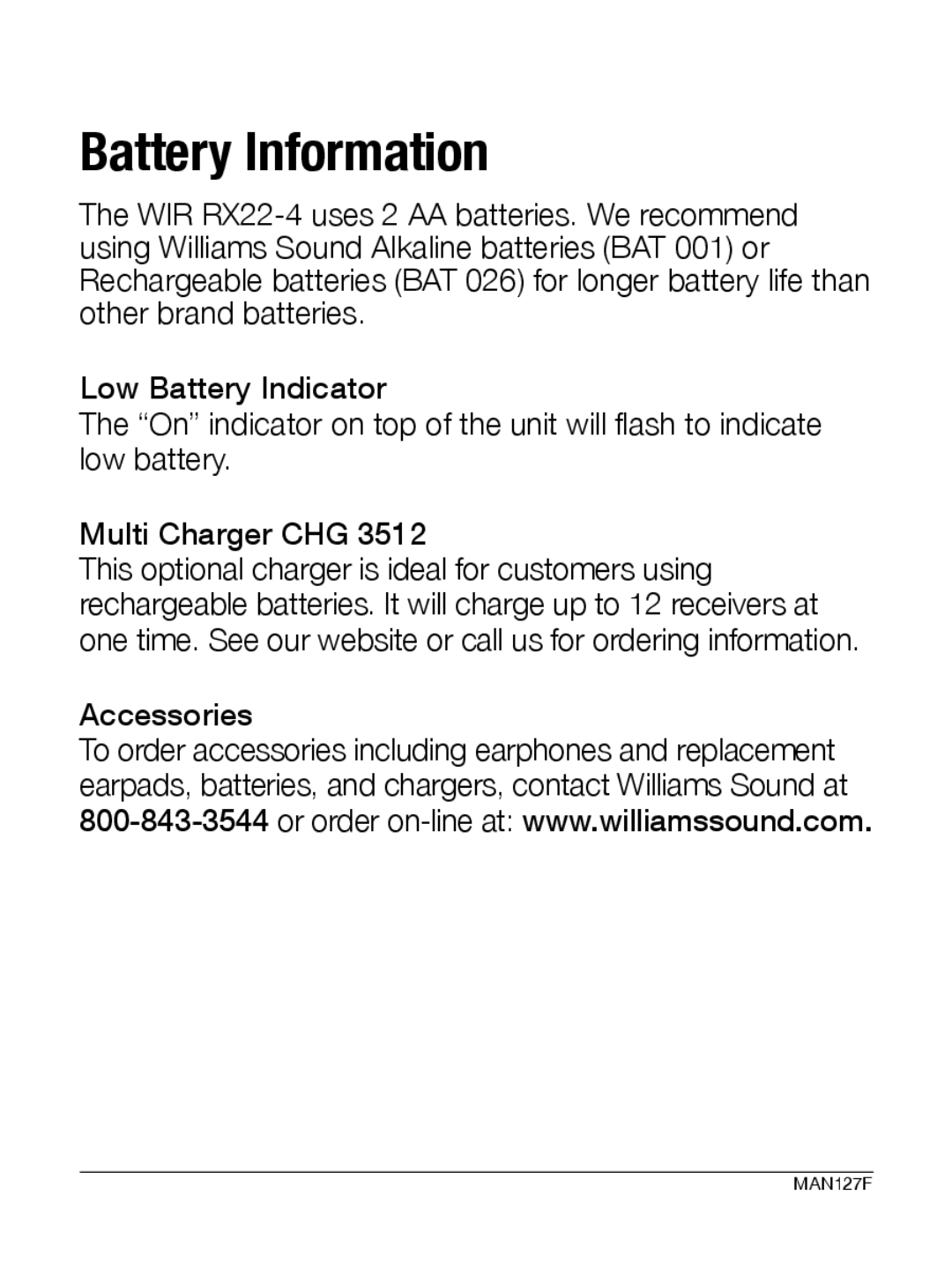 Williams Sound WIR RX22-4 manual Battery Information, Accessories 