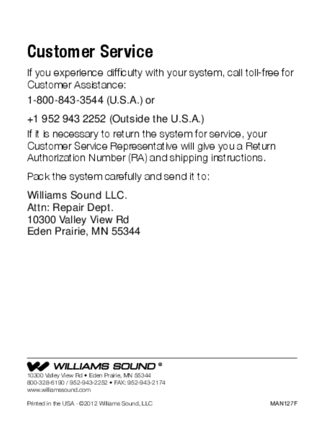 Williams Sound WIR RX22-4 manual Customer Service 