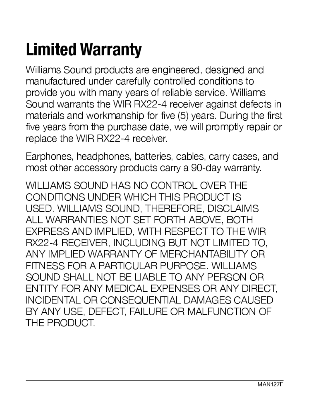 Williams Sound WIR RX22-4 manual Limited Warranty 