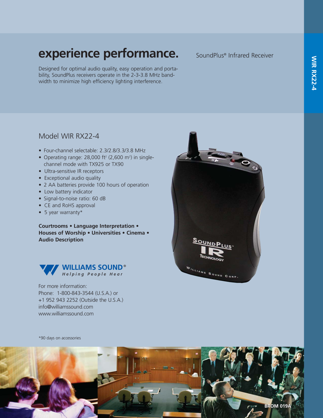 Williams Sound warranty Model WIR RX22-4, Courtrooms Language Interpretation, Audio Description 