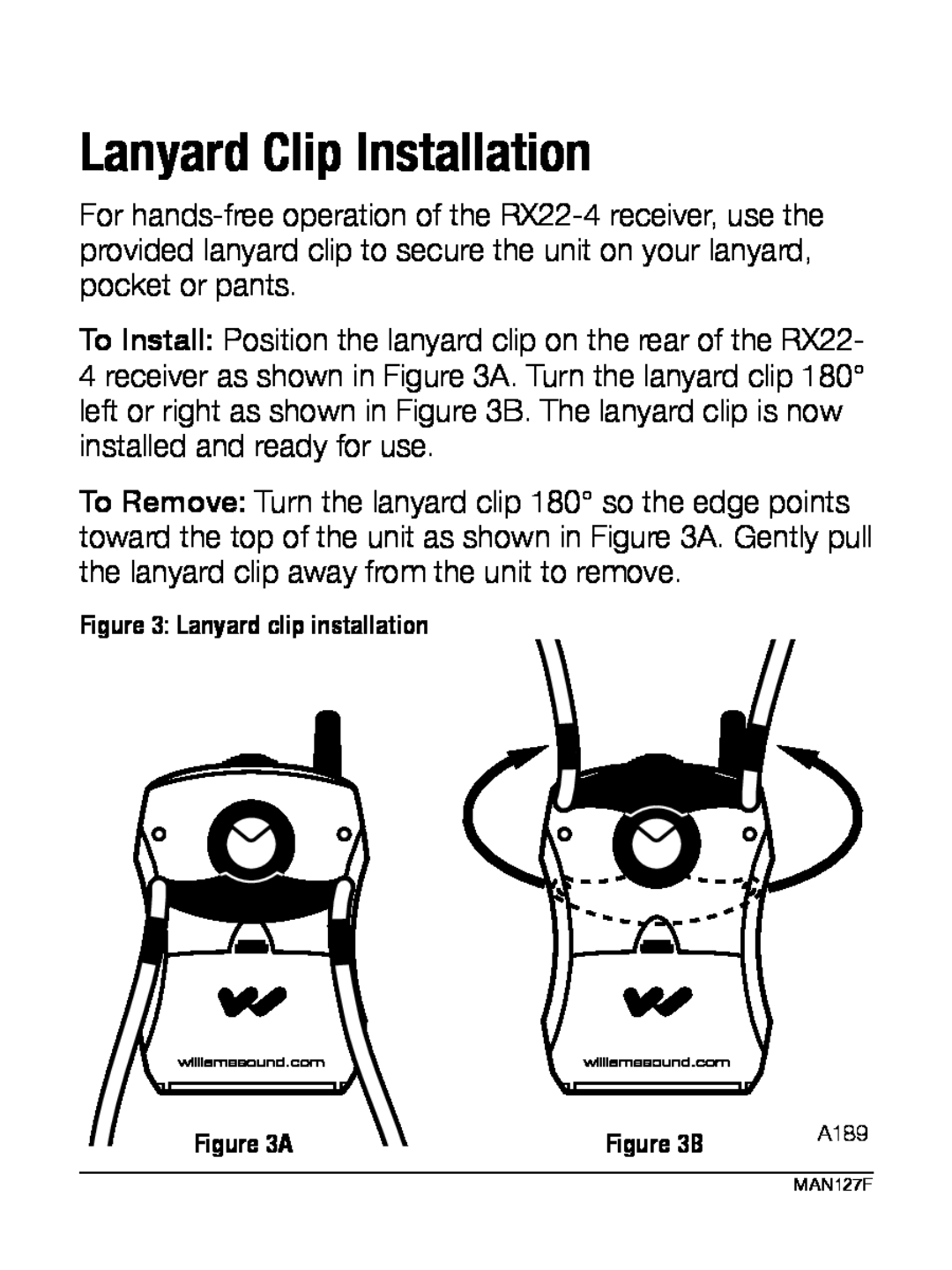 Williams Sound WIR RX22-4 manual Lanyard Clip Installation, Lanyard clip installation, A, B 