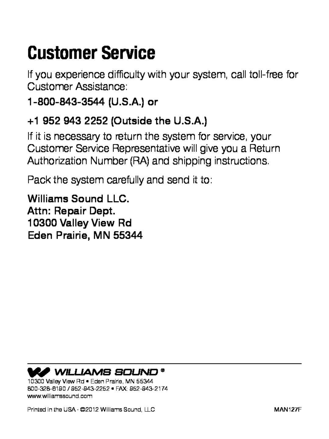 Williams Sound WIR RX22-4 manual Customer Service 