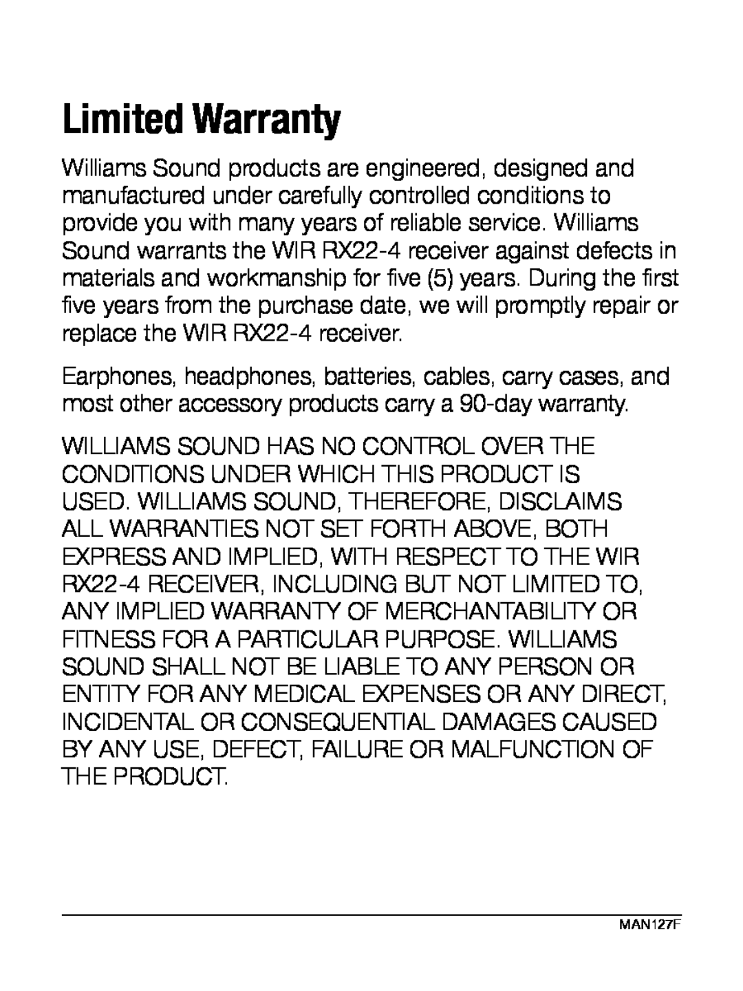 Williams Sound WIR RX22-4 manual Limited Warranty 