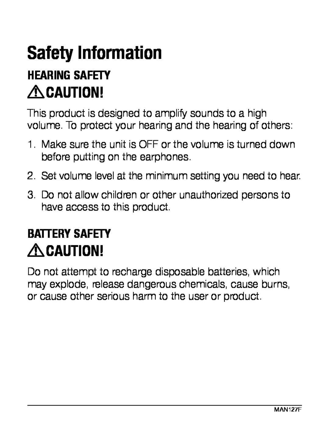 Williams Sound WIR RX22-4 manual Safety Information, Hearing Safety, Battery Safety 