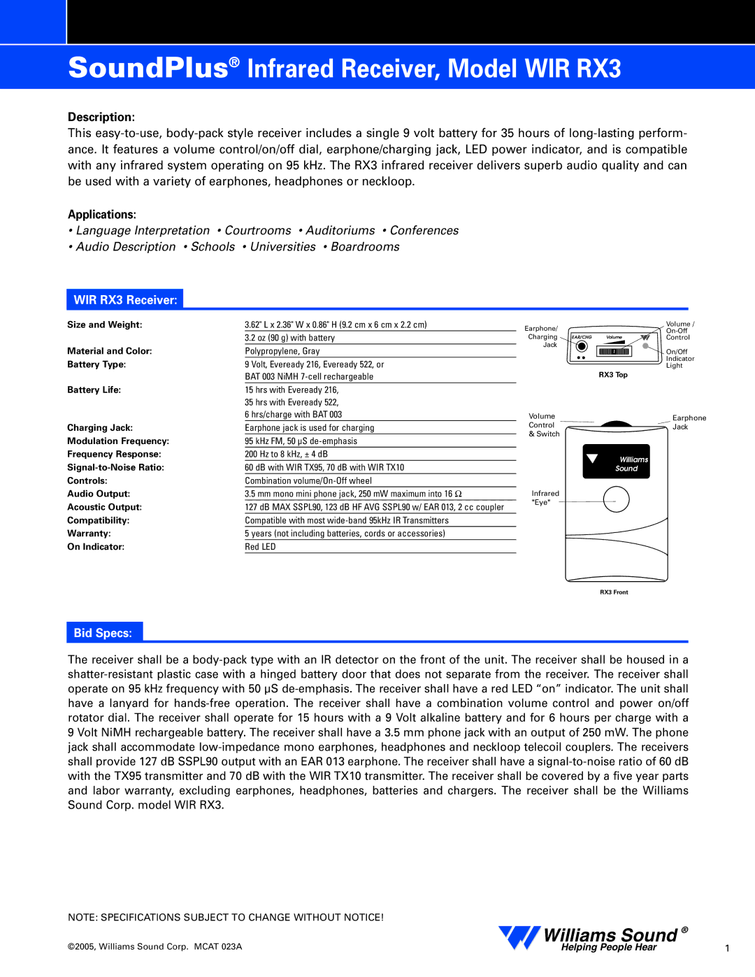 Williams Sound specifications Description, Applications, WIR RX3 Receiver, Bid Specs 