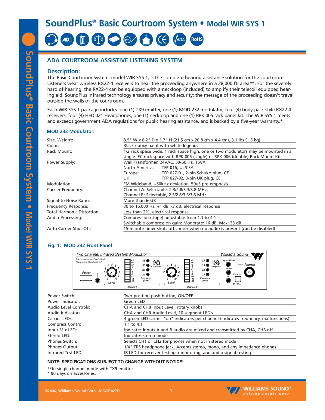 Williams Sound WIR SYS 1 specifications Description, MOD 232 Modulator, TFP 016, UL/CSA 