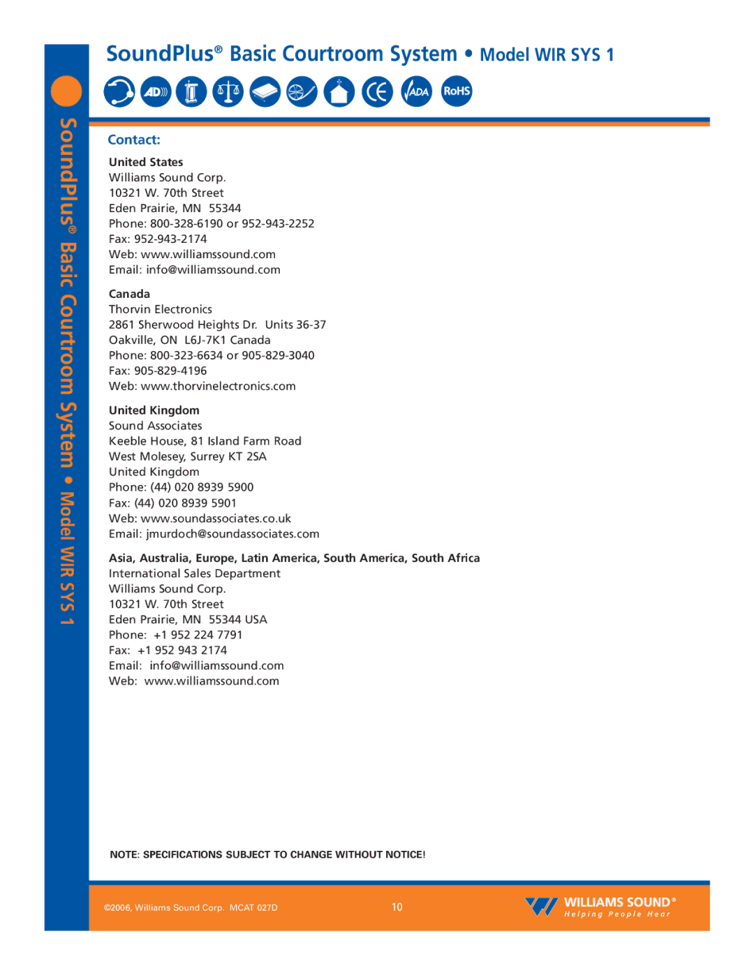 Williams Sound WIR SYS 1 specifications Contact, United States 