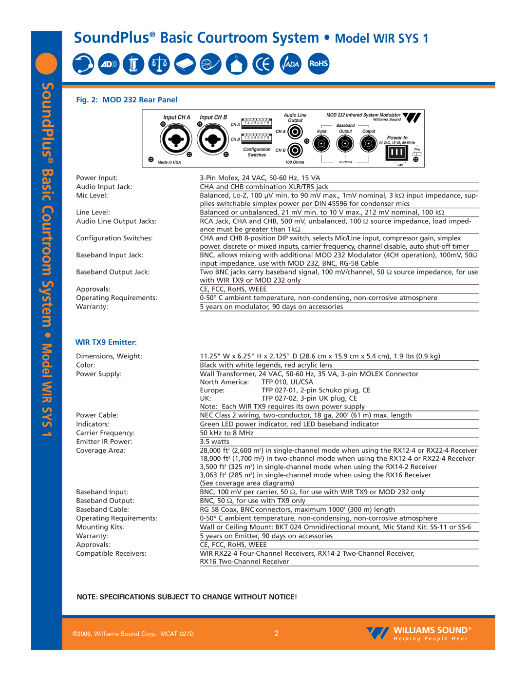 Williams Sound WIR SYS 1 specifications WIR TX9 Emitter, TFP 010, UL/CSA 