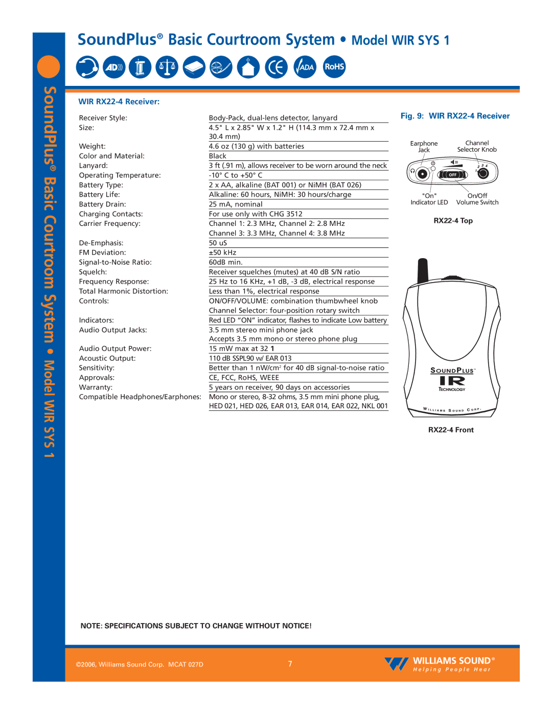 Williams Sound WIR SYS 1 specifications SoundPlus Basic Courtroom System Model WIR, WIR RX22-4 Receiver 