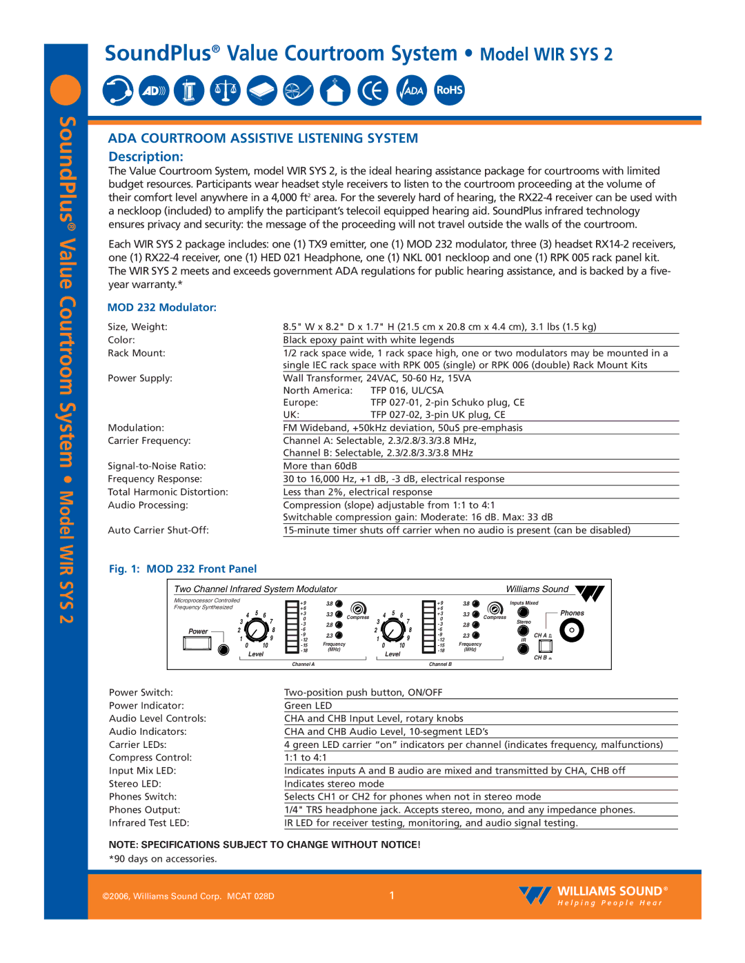 Williams Sound WIR SYS 2 specifications Description, MOD 232 Modulator, TFP 016, UL/CSA 