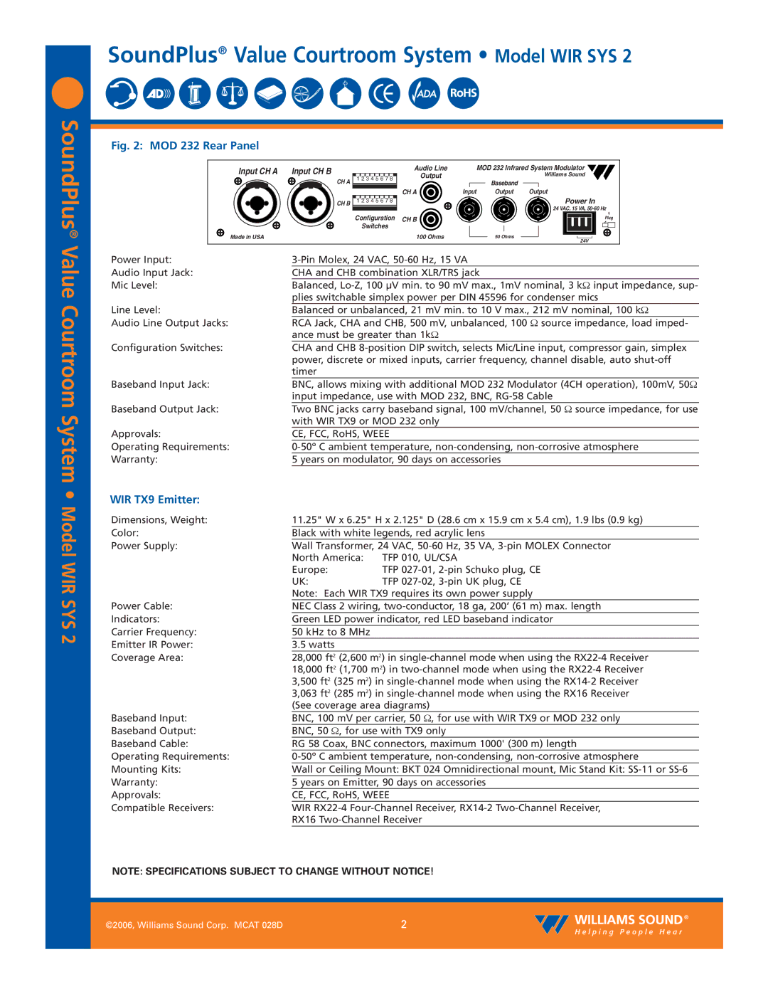 Williams Sound WIR SYS 2 specifications WIR TX9 Emitter, TFP 010, UL/CSA 