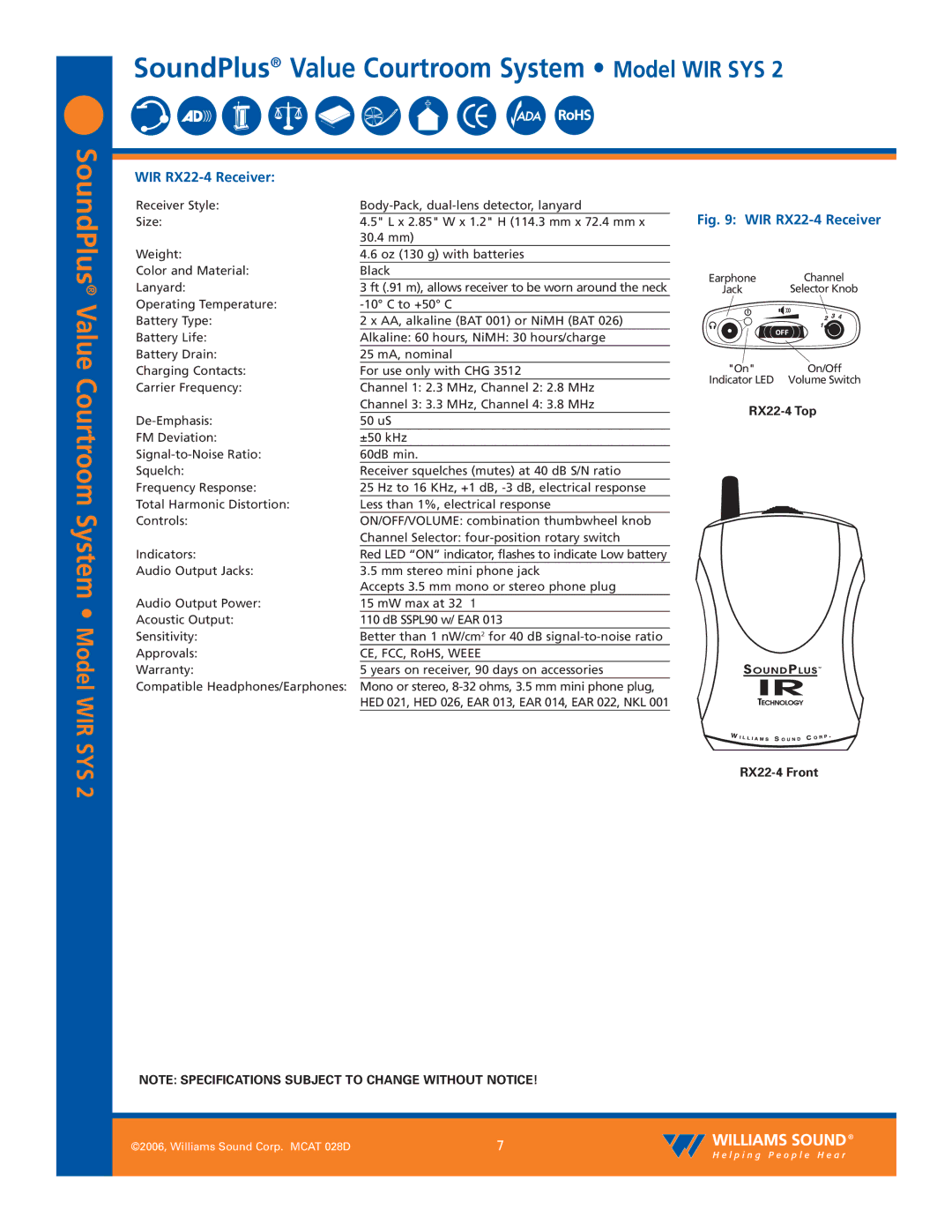 Williams Sound WIR SYS 2 specifications SoundPlus Value Courtroom System Model WIR SYS, WIR RX22-4 Receiver 