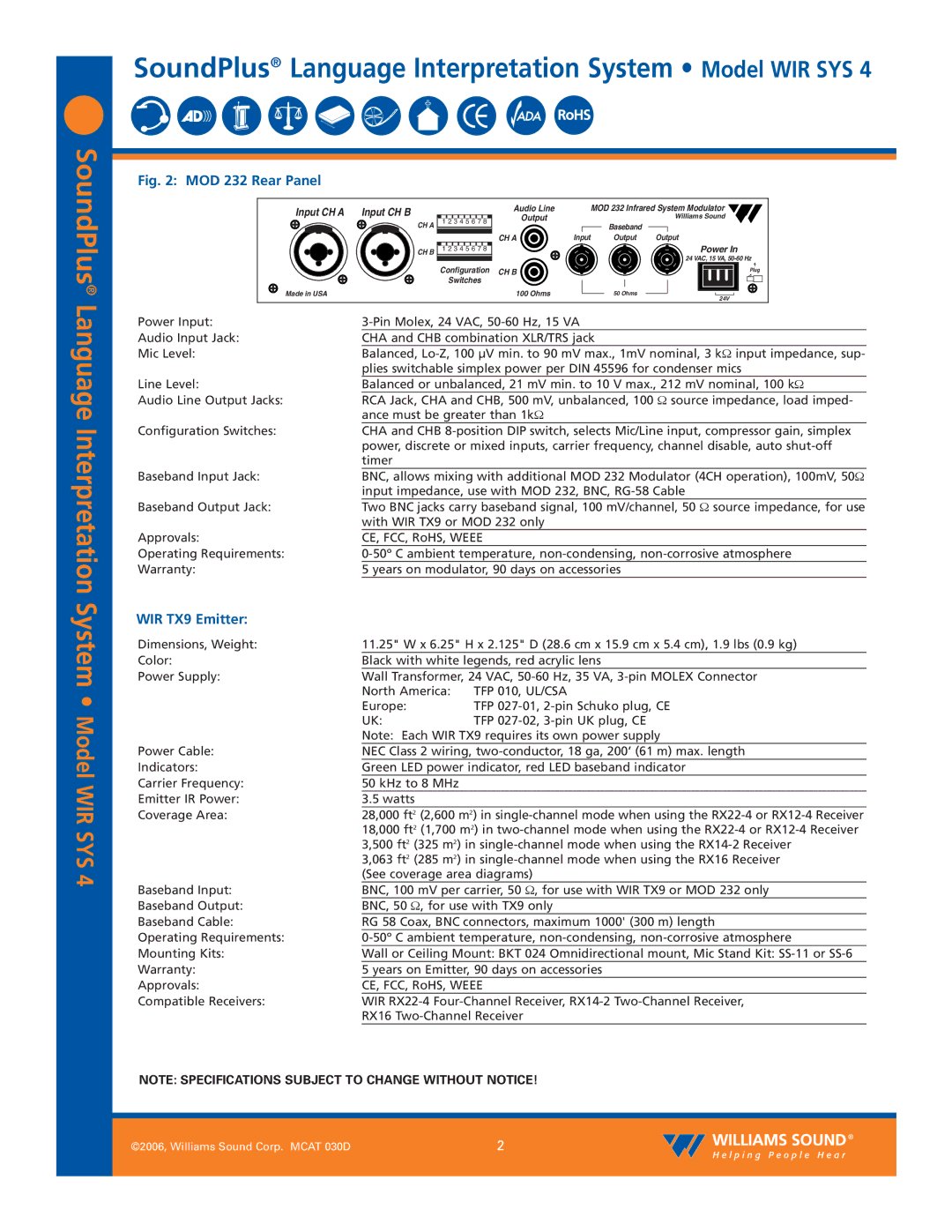 Williams Sound WIR SYS 4 specifications MOD 232 Rear Panel, WIR TX9 Emitter 