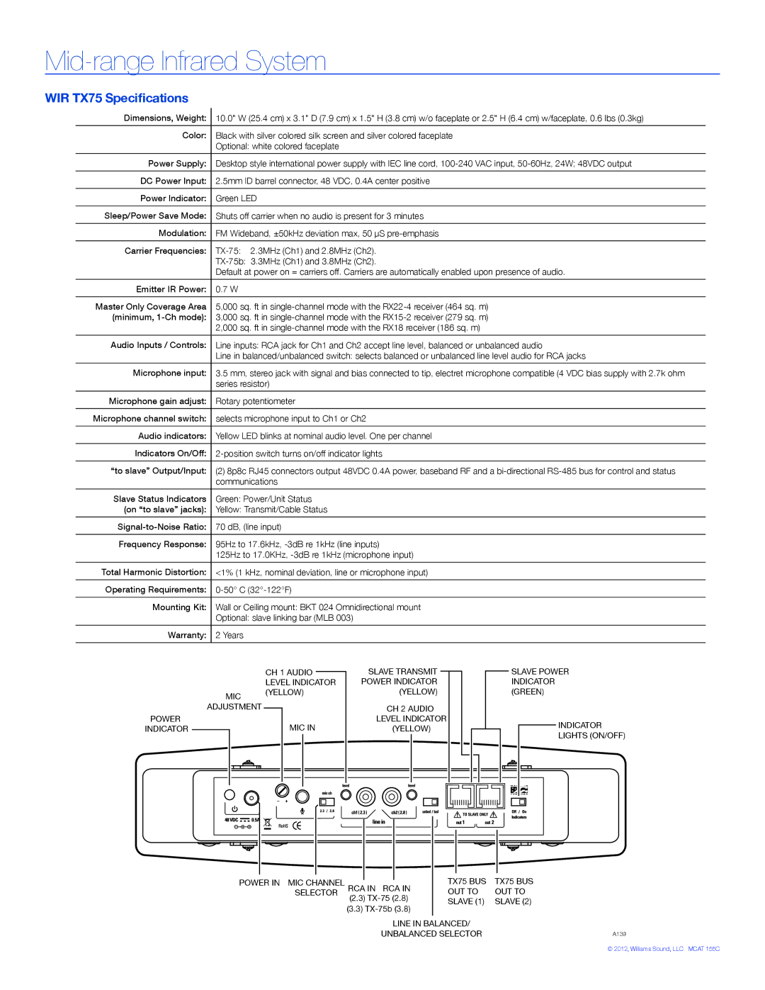 Williams Sound WIR SYS 7522 manual WIR TX75 Specifications 