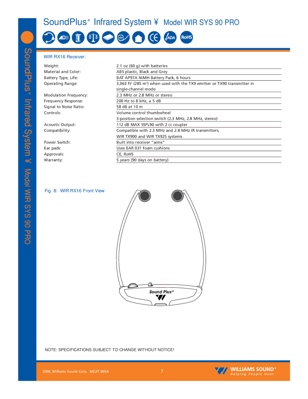 Williams Sound WIR SYS 90 PRO dimensions WIR RX16 Receiver, WIR RX16 Front View 