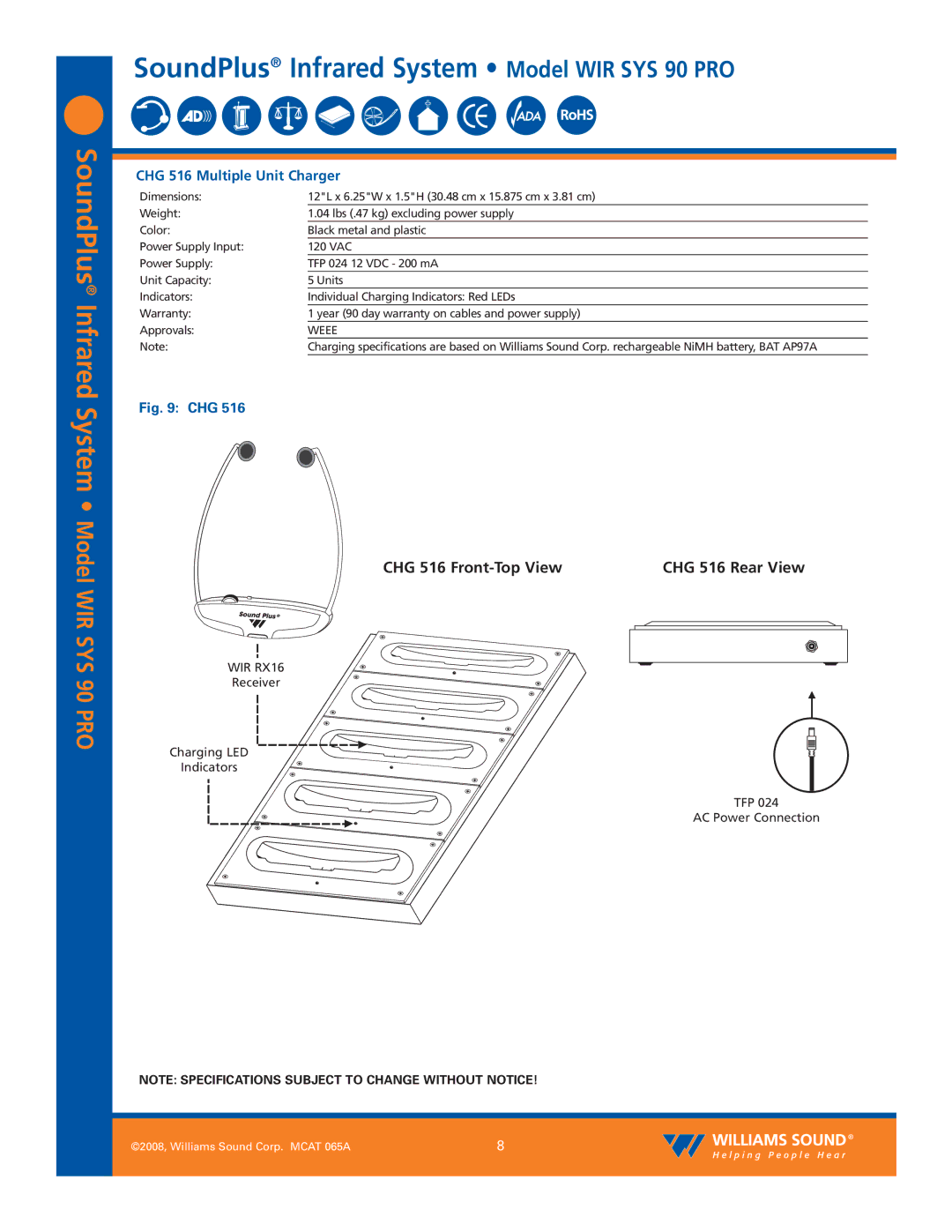 Williams Sound WIR SYS 90 PRO dimensions CHG 516 Multiple Unit Charger, WIR RX16 