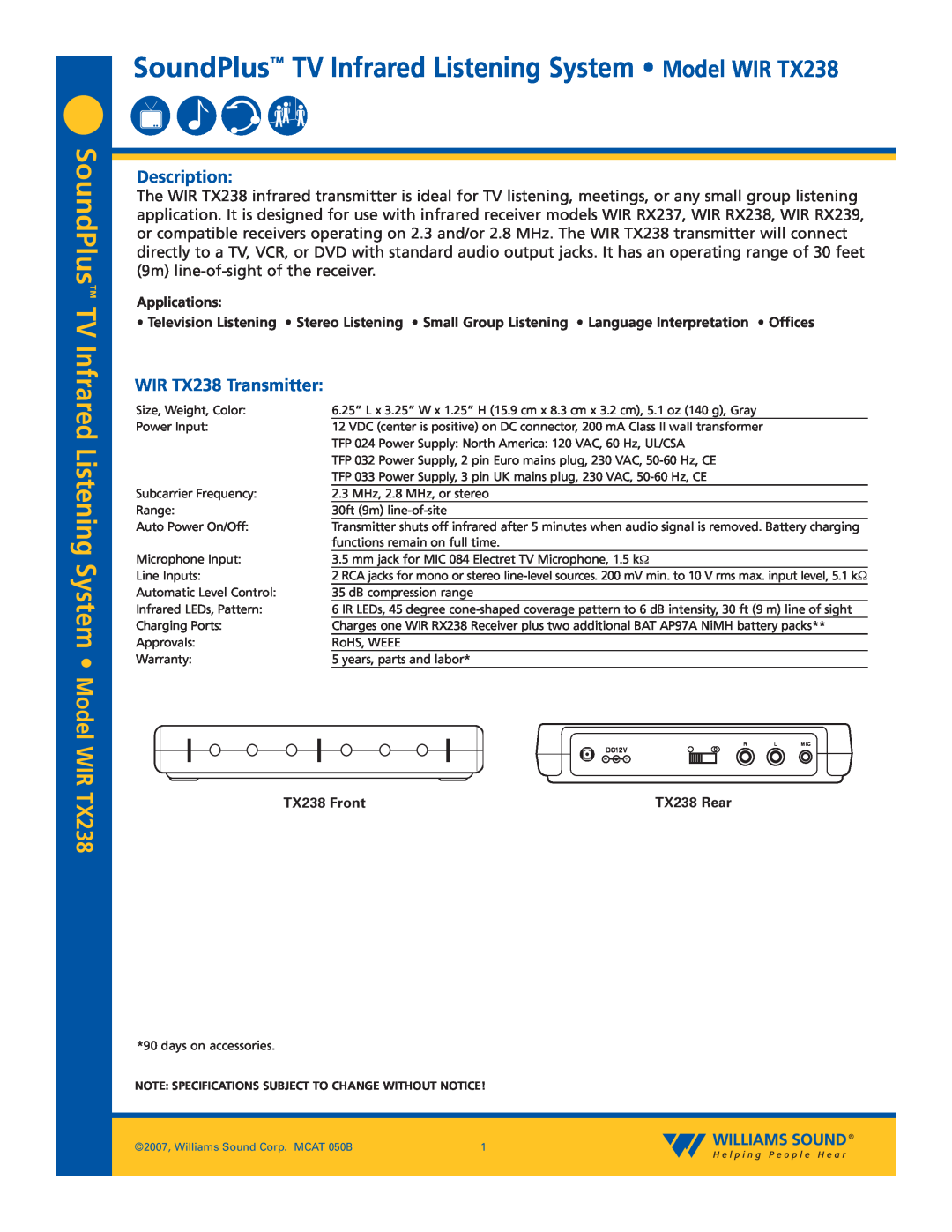 Williams Sound specifications Description, WIR TX238 Transmitter, Applications, TX238 Front, TX238 Rear 