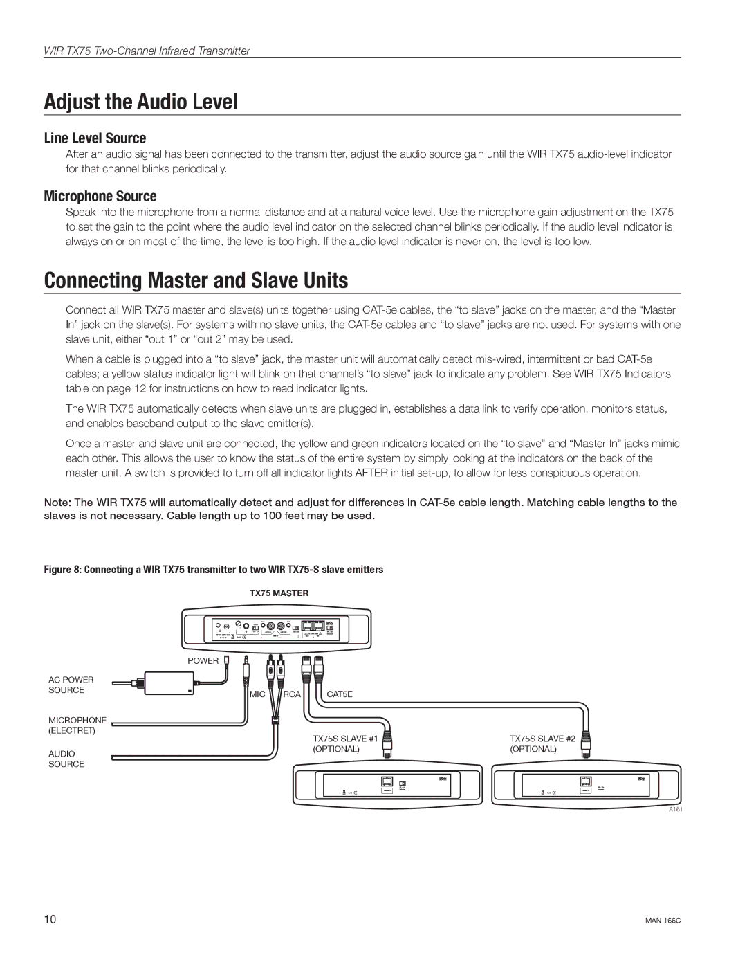 Williams Sound WIR TX75-S manual Adjust the Audio Level, Connecting Master and Slave Units, Line Level Source, TX75 Master 