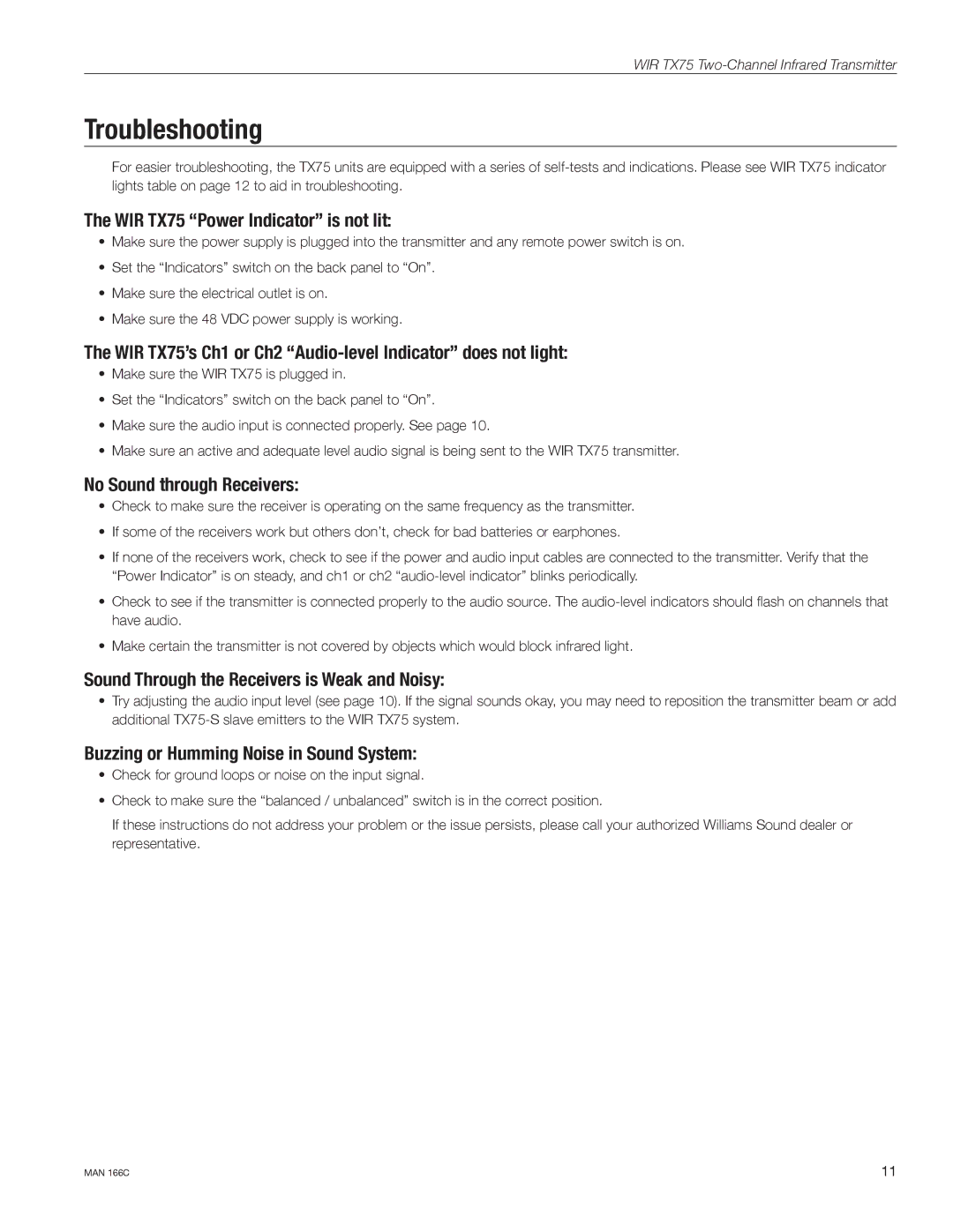 Williams Sound WIR TX75-S manual Troubleshooting 